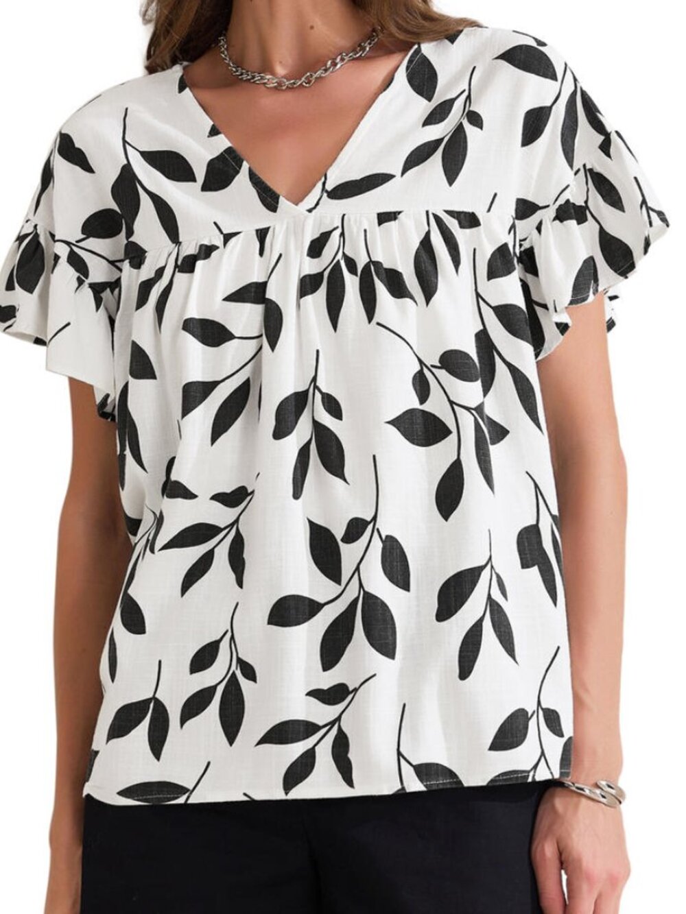 Babydoll/Peplum Fit Blouse in Linen Blend with Flutter/Ruffle Sleeves